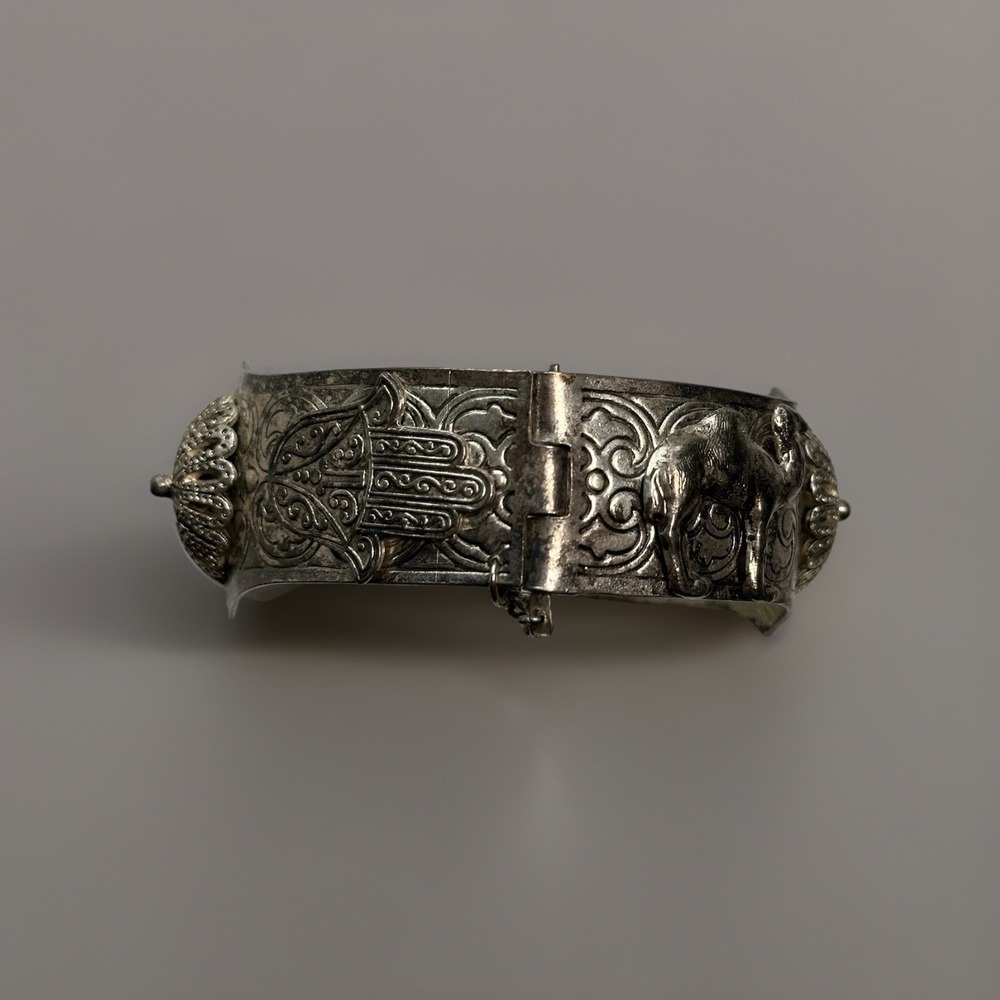 Vtg Middle Eastern Silver Plated Hinged Bangle Br… - image 1
